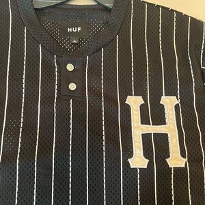 HUF Black Pinstripe Mesh Henley with Cream H Patch / Men’s Size: Large